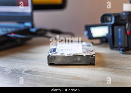 External Hard Drive Used for Digitizing Old Video Archives Stock Photo