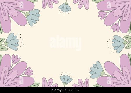 Spring floral frame with purple and blue blooming flowers vector illustration. Stock Vector