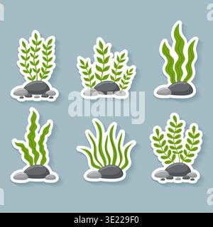 Green seaweed stickers set with stones and aquatic plants vector illustration. Stock Vector