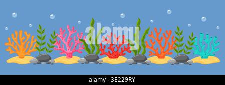 Underwater coral reef border with seaweeds and air bubbles vector illustration. Stock Vector