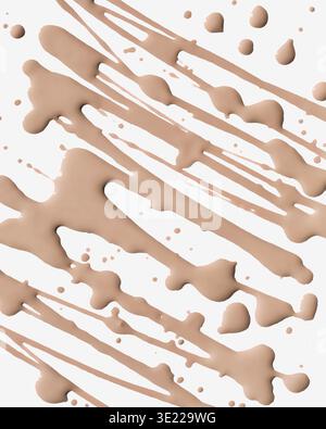 Beige make-up liquid droplets and splatters on a white background in an abstract pattern Stock Photo