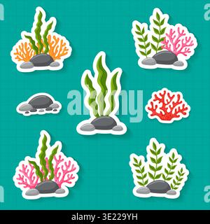 Colorful coral reef and seaweed stickers set with ocean plants vector illustration. Stock Vector