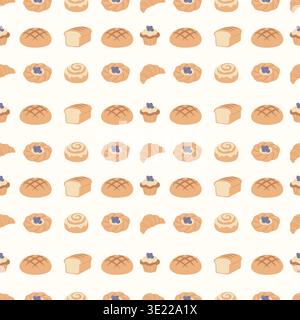 Seamless pattern with bread and bakery pastry products vector illustration. Stock Vector