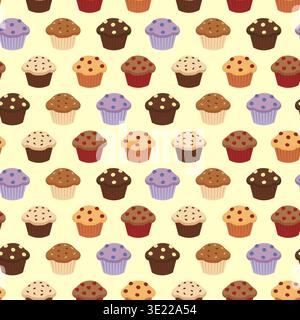 Sweet cupcakes and muffins seamless pattern with hearts and berries vector illustration. Stock Vector