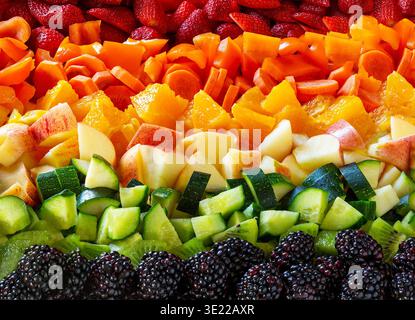 Rows of colorful fresh fruits and vegetables arranged by color in a gradient pattern. Stock Photo
