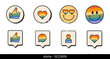Retro LGBTQ Pride emoji icon set with rainbow gradient. Nostalgic social media UI elements featuring thumbs up, heart, smiley face, and notification Stock Vector