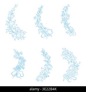 Floral borders with flowers, twigs, and leaves. Vector illustration. Hand-drawn round wreaths with bows, executed in a linear style, isolated on a Stock Vector