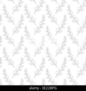 Seamless pattern of stylized botanical branches with oval leaves and buds, diagonal grid design in monochrome gray, elegant minimalist illustration fo Stock Photo
