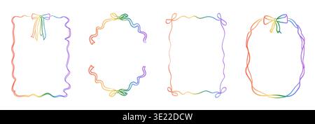 Set of whimsical hand-drawn rainbow gradient frames with curly ribbons, bows, and scalloped edges. Decorative colorful borders with sketchy wavy lines Stock Vector