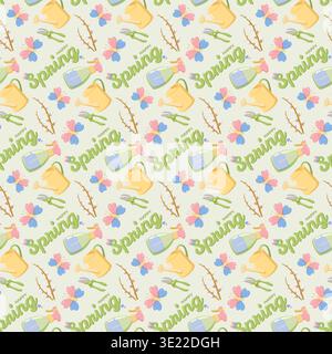 Happy Spring Gardening Tools Pattern Stock Vector