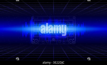 Retro futuristic abstract background. Synthwave 80s style poster. Neon colors, 3d laser grid, audio waveform, compact cassette. Music template. Starry Stock Vector
