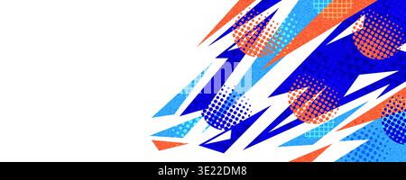Energetic Sport Background with Blue and Orange Thunderbolt Shapes on White Background and Halftone Patterns Stock Vector