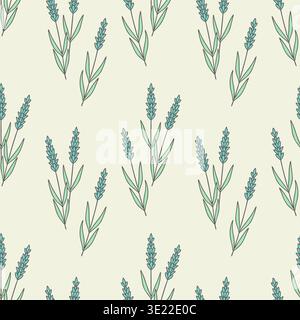 Seamless lavender floral pattern with hand-drawn elegant lavender sprigs on light beige background, minimal botanical vector illustration for textile, Stock Vector