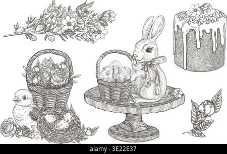 Easter vector set with rabbit on the cake stand and chick in rose flower basket. Hand drawn vintage outline with willow and jasmine bouquet in black and white. Perfect for traditional holiday card. Stock Vector