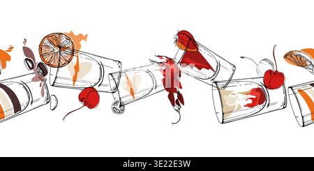 Orange red and cream cocktail mix strip with flat accents and minimal shapes, shot glasses hand drawn in ink. Hand drawn vector seamless banner for Stock Vector