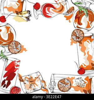 Tequila sunrise, exotic Mai Tai, Long Island iced tea vector cocktail frame in warm reds and oranges with flat accent fills. Hand drawn border for Stock Vector