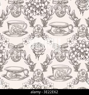 Easter seamless pattern with vintage dishware and rose flower line graphic background. Hand drawn vector grid design in sketch style. Floral print for wallpaper. Perfect for holiday fabric and paper. Stock Vector