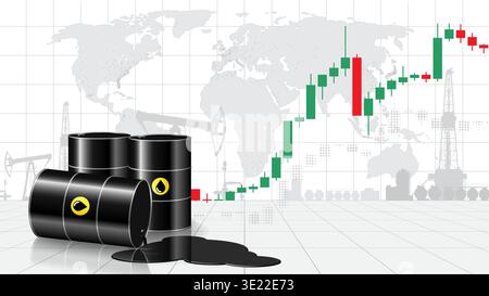 Chart of rising oil prices per barrel. Barrels, puddle of spilled crude oil on map background. Analysis growth of global energy markets. World market Stock Vector