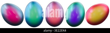 Group of five Easter eggs in various colors arranged in a line. Each egg shows a gradient effect with blends of colors. Ideal for seasonal use and hol Stock Photo
