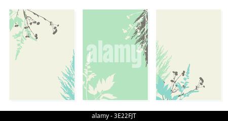 Set of vertical botanical backgrounds with imprint grass and wild herbs, minimalist floral frame templates in mint and beige colors, vector illustrati Stock Vector