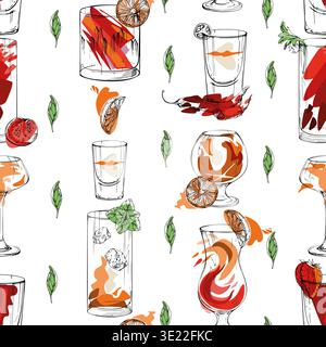 Aperol spritz, Negroni, Flatliner shot, Tequila sunrise ink silhouettes with abstract splatter. Seamless hand drawn vector pattern for mixology blog Stock Vector