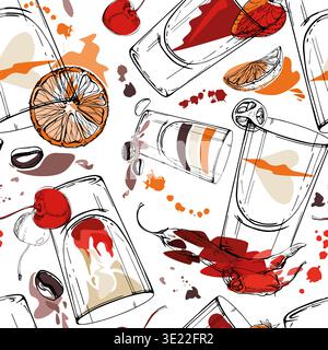 Coffee, orange and pepper layered cocktails, juice liquid splashes. Multicolor vector tile of assorted shot silhouettes. Hand drawn seamless design Stock Vector