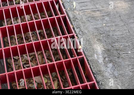 A red metal grate covering street drain filled with dry fallen autumn leaf next to textured asphalt road surface conveying quiet neglected infrastruct Stock Photo