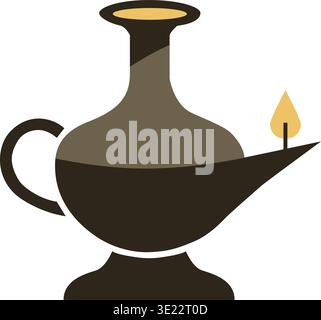 Classic household illustration of an old fashioned oil lamp with a rounded body curved spout and small flame. Stock Vector
