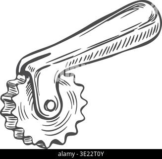 Detailed line illustration of a handheld pastry wheel cutter with a fluted circular blade and curved handle. Stock Vector