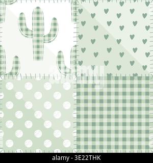 Seamless patchwork gingham pattern with kawaii cacti, hearts, polka dot, and stylized sews. Vector illustration Stock Vector