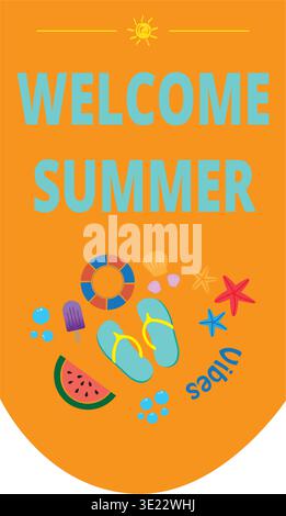Orange summer pendant with colored beach objects isolated on a white background Stock Vector