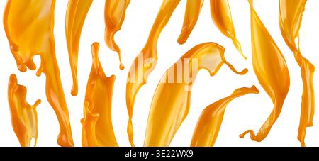 Orange juice splashes, flowing streams Isolated on white background Stock Photo