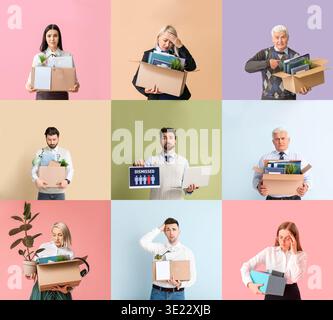 Collage of fired workers on color background Stock Photo