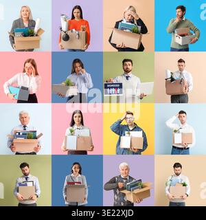 Collage of fired workers on color background Stock Photo