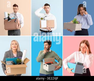 Collage of fired workers on color background Stock Photo