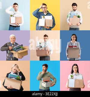 Collage of dismissed workers on color background Stock Photo