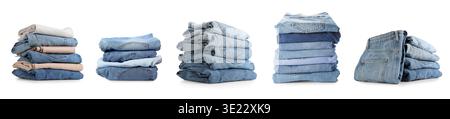 Set of stacked jeans clothes on white background Stock Photo