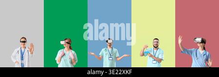 Set of doctors with VR glasses and goggles on color background. Augmented reality concept Stock Photo