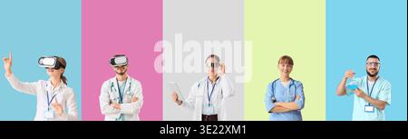 Set of doctors with VR glasses and goggles on color background. Augmented reality concept Stock Photo