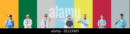 Set of doctors with VR glasses and goggles on color background. Augmented reality concept Stock Photo
