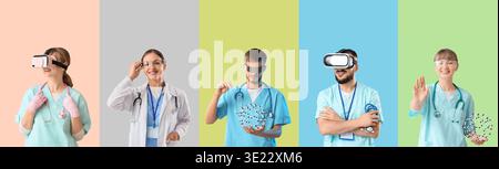 Set of doctors with VR glasses and goggles on color background. Augmented reality concept Stock Photo