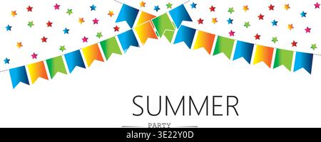 Summer party banner with colored pennants and stars isolated on a white background Stock Vector