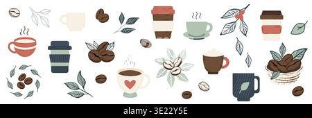 Horizontal vector banner featuring coffee cups, beans, and leaves in a modern flat style. Great for cafe branding, coffee shop menus, and packaging. Stock Vector