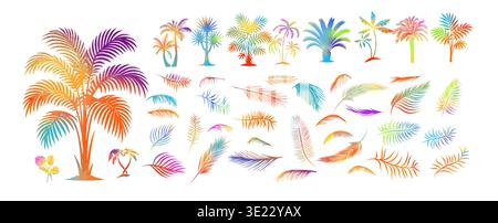 Palm tree colored objects and palm leaves set . Hand drawn. Not AI, vector illustration. Stock Vector