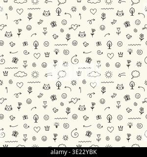 Hand drawn doodle icons seamless background for kids fabric vector illustration. Stock Vector