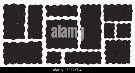 Wavy rectangle shape frame set with hand drawn square doodle elements in rough textured style. Bold black organic frames with subtle grain effect Stock Vector