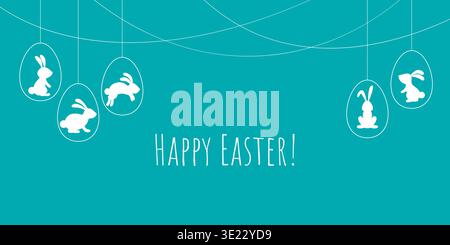 Happy Easter horizontal banner. Festive template with hanging eggs and congratulatory text. White silhouette of Easter bunnies. Vector graphics Stock Vector