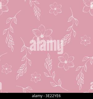 Vector delicate twig with leaves seamless pattern. Hand painted flower, linear contour magnolia, sakura. Graphic clipart isolated on background Stock Vector