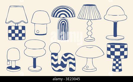 Light mediterranean set. Collection of modern hand drawn table lamps. Checkered, striped, wavy designs in a minimalist blue line art style for Stock Vector