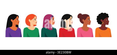 Flat vector illustration showing different diverse women profiles standing together representing multicultural community equality solidarity and diver Stock Vector